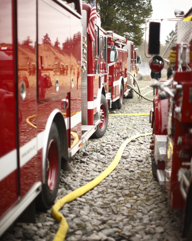 Firetrucks stationed along a street in a row. The reflection of firefighters working shows in the door panel.